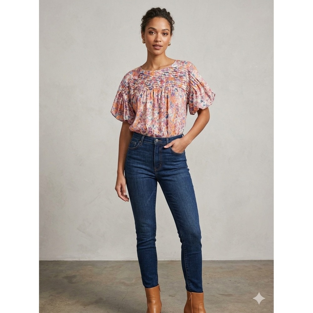 Entro Floral Pleated Puff Sleeve Bodysuit Small